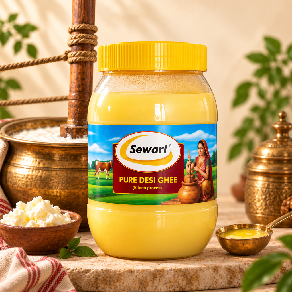 Sewari Pure Desi Ghee Bilona Process. Shows bilona process in the background