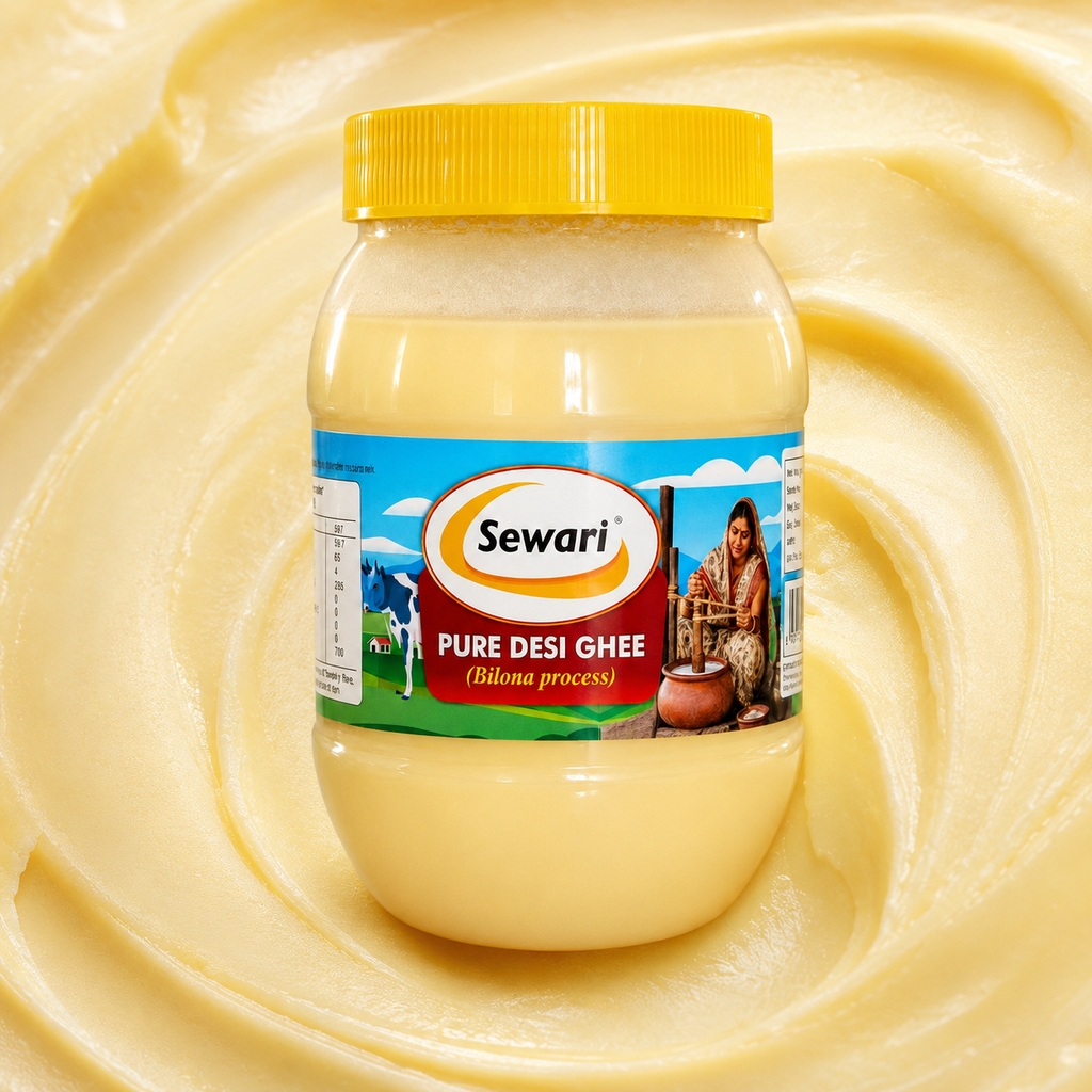 Sewari Pure Desi Ghee Bilona Process. Shows ghee in the background