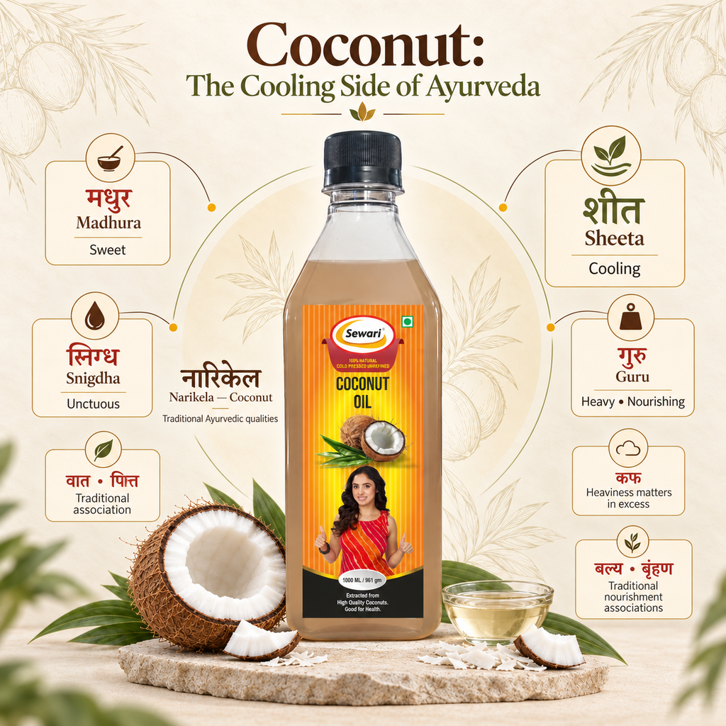 Sewari Cold Pressed Coconut Oil. Explains the ayurvedic principles behind coconut