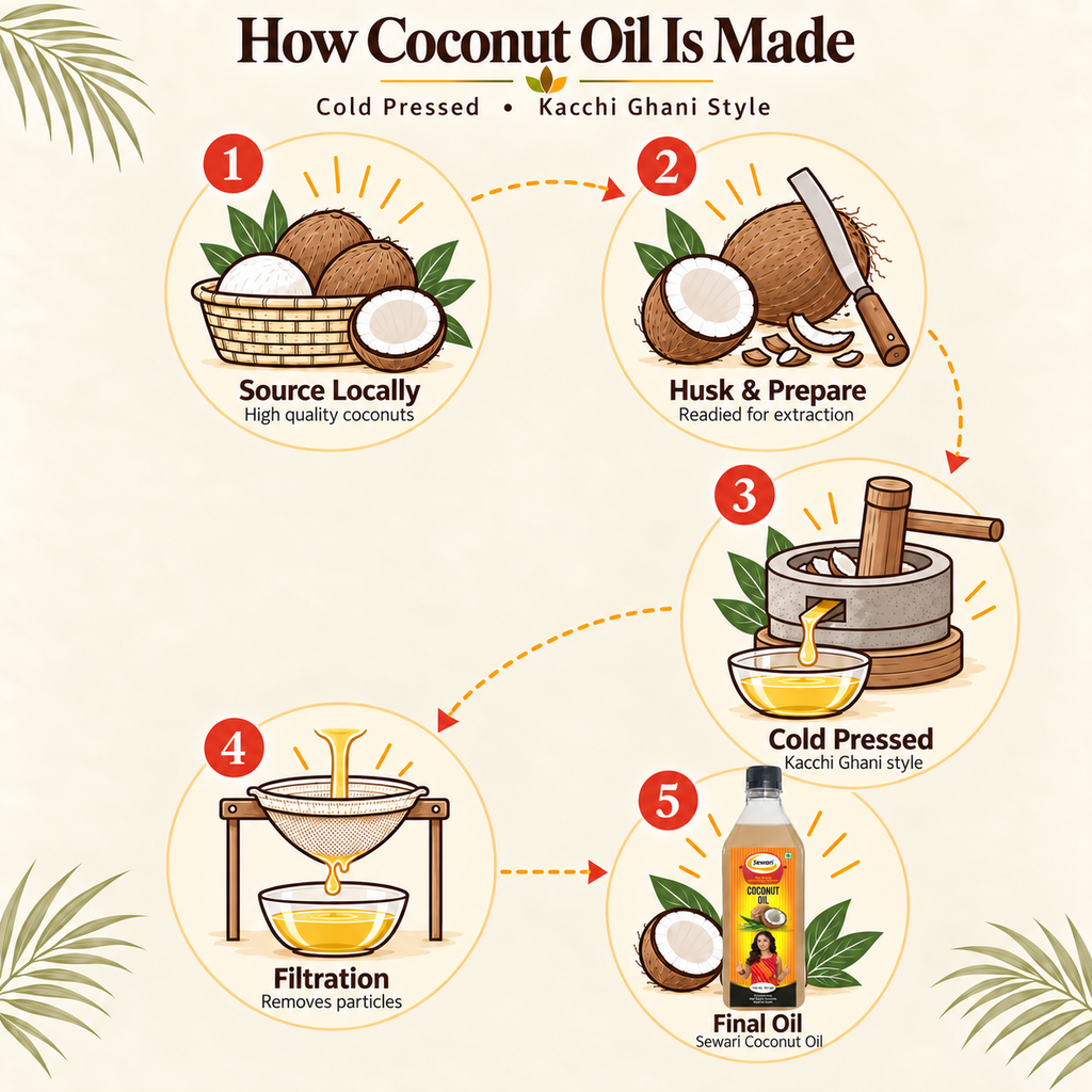 Sewari Cold Pressed Coconut Oil. Explains the cold press kacchi ghani oil extraction process