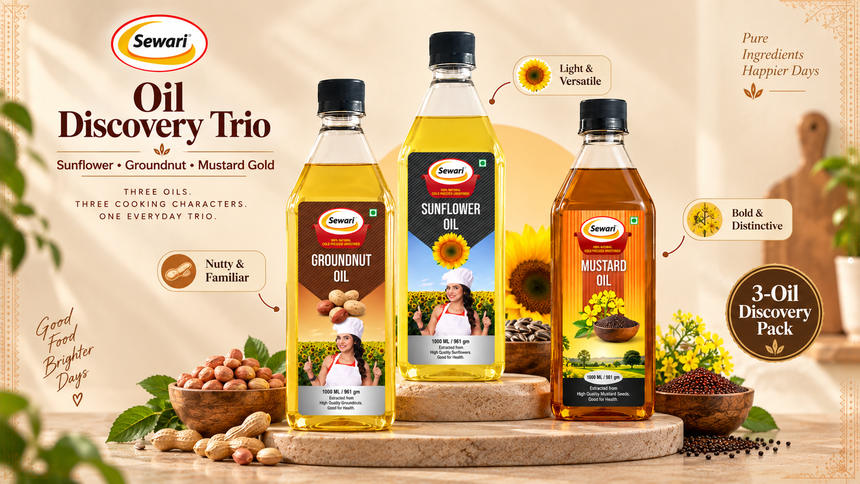 Sewari Oil Discovery Trio. Cold Pressed Groundnut Oil, Cold Pressed Sunflower Oil, Cold Pressed Mustard Oil