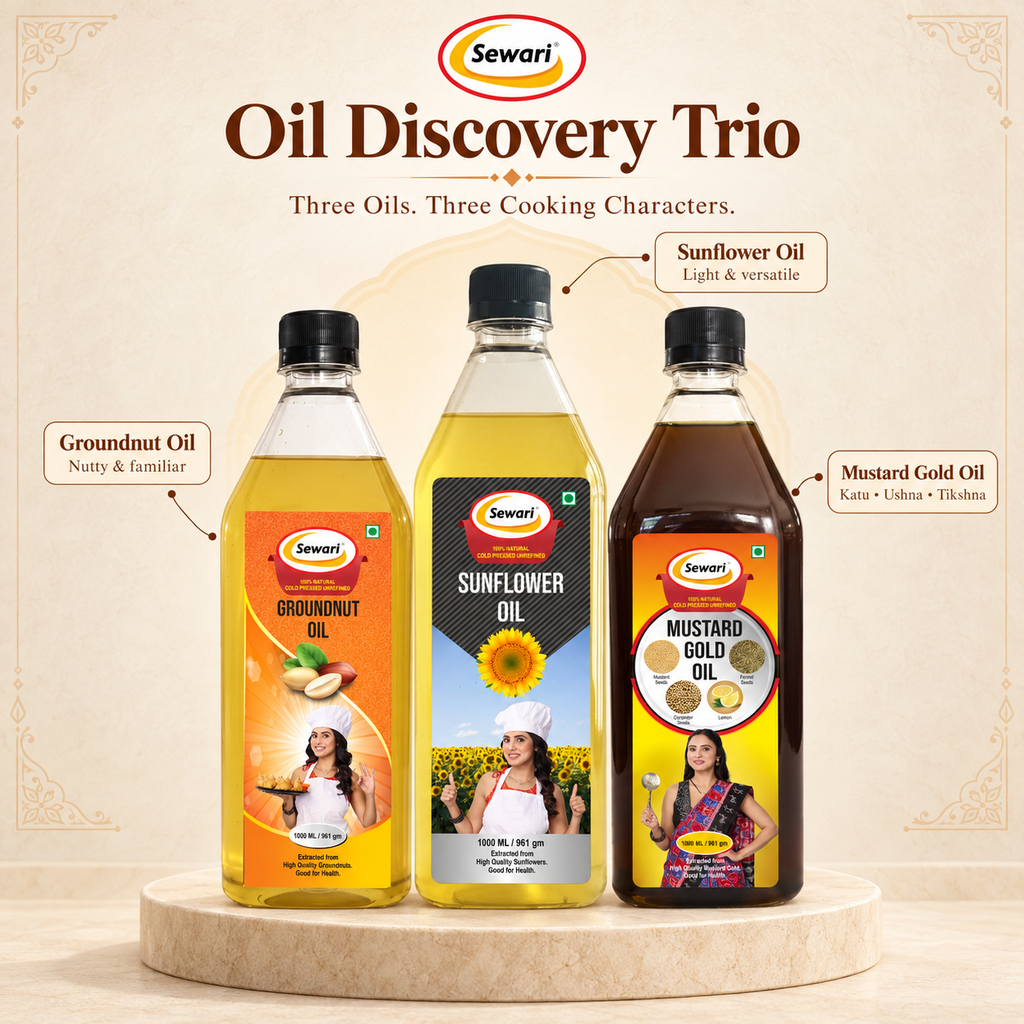 Sewari Oil Discovery Trio. Explains the flavour profile of Cold Pressed Groundnut Oil, Cold Pressed Sunflower Oil, Cold Pressed Mustard Oil