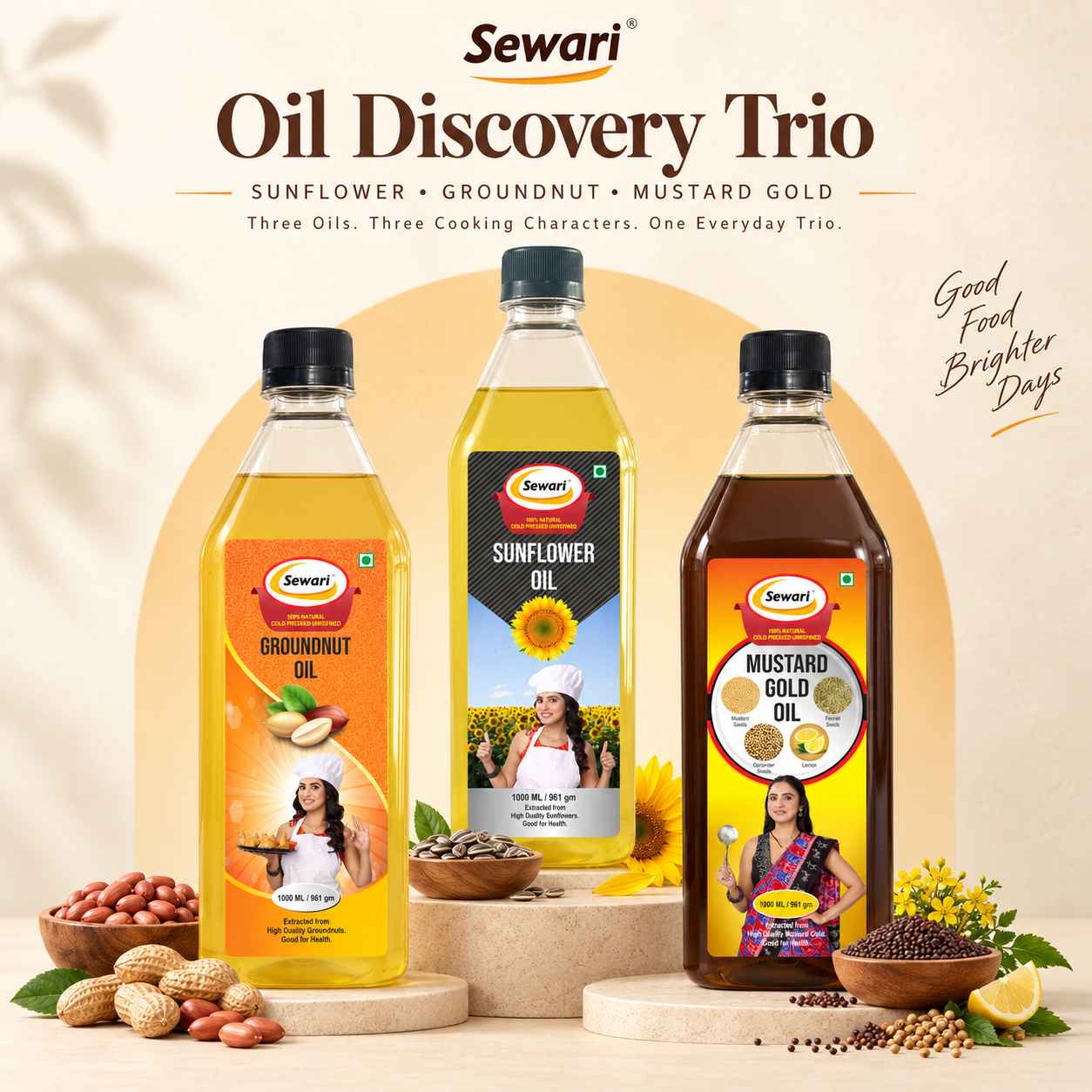 Sewari Oil Discovery Trio. Cold Pressed Groundnut Oil, Cold Pressed Sunflower Oil, Cold Pressed Mustard Oil