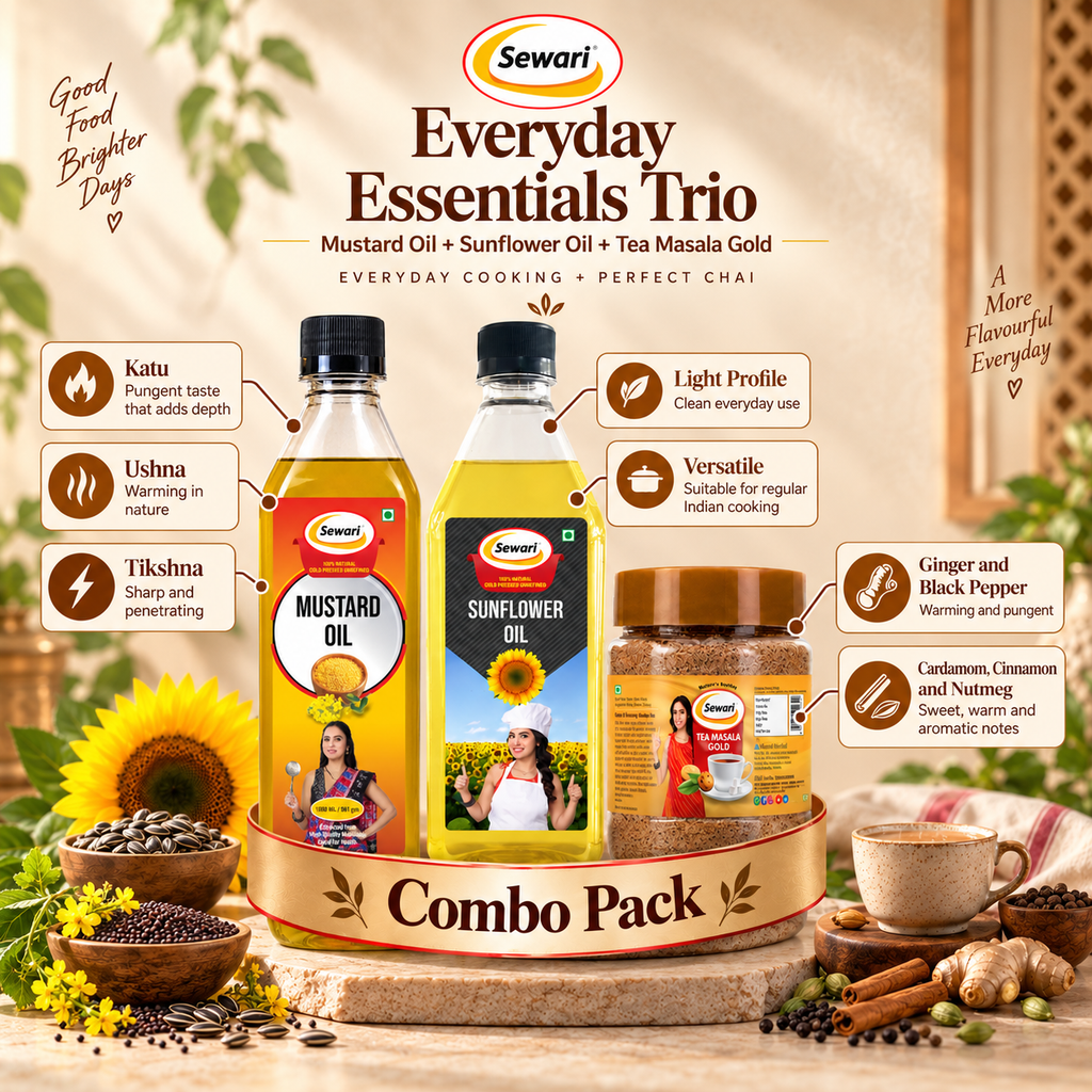 Sewari Everyday Essentials Trio. Explains the ayurvedic concepts behind Cold Pressed Sunflower Oil, Cold Pressed Mustard Oil, Tea Masala Gold