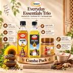 Sewari Everyday Essentials Trio. Explains the ayurvedic concepts behind Cold Pressed Sunflower Oil, Cold Pressed Mustard Oil, Tea Masala Gold