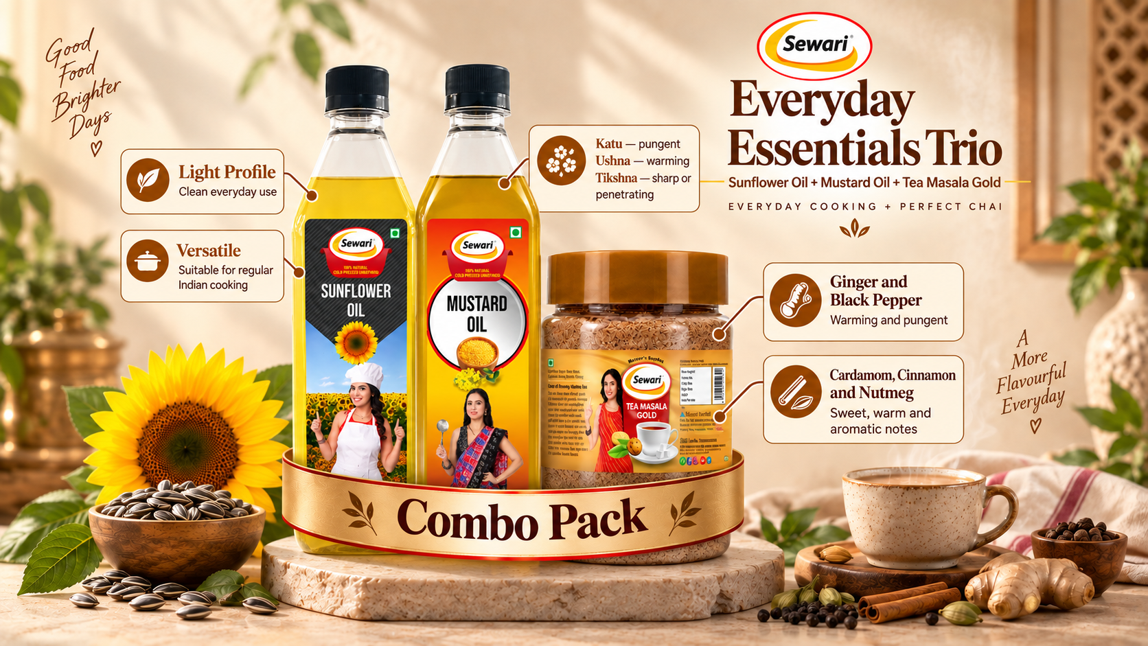 Sewari Everyday Essentials Trio. Explains the ayurvedic concepts behind Cold Pressed Sunflower Oil, Cold Pressed Mustard Oil, Tea Masala Gold