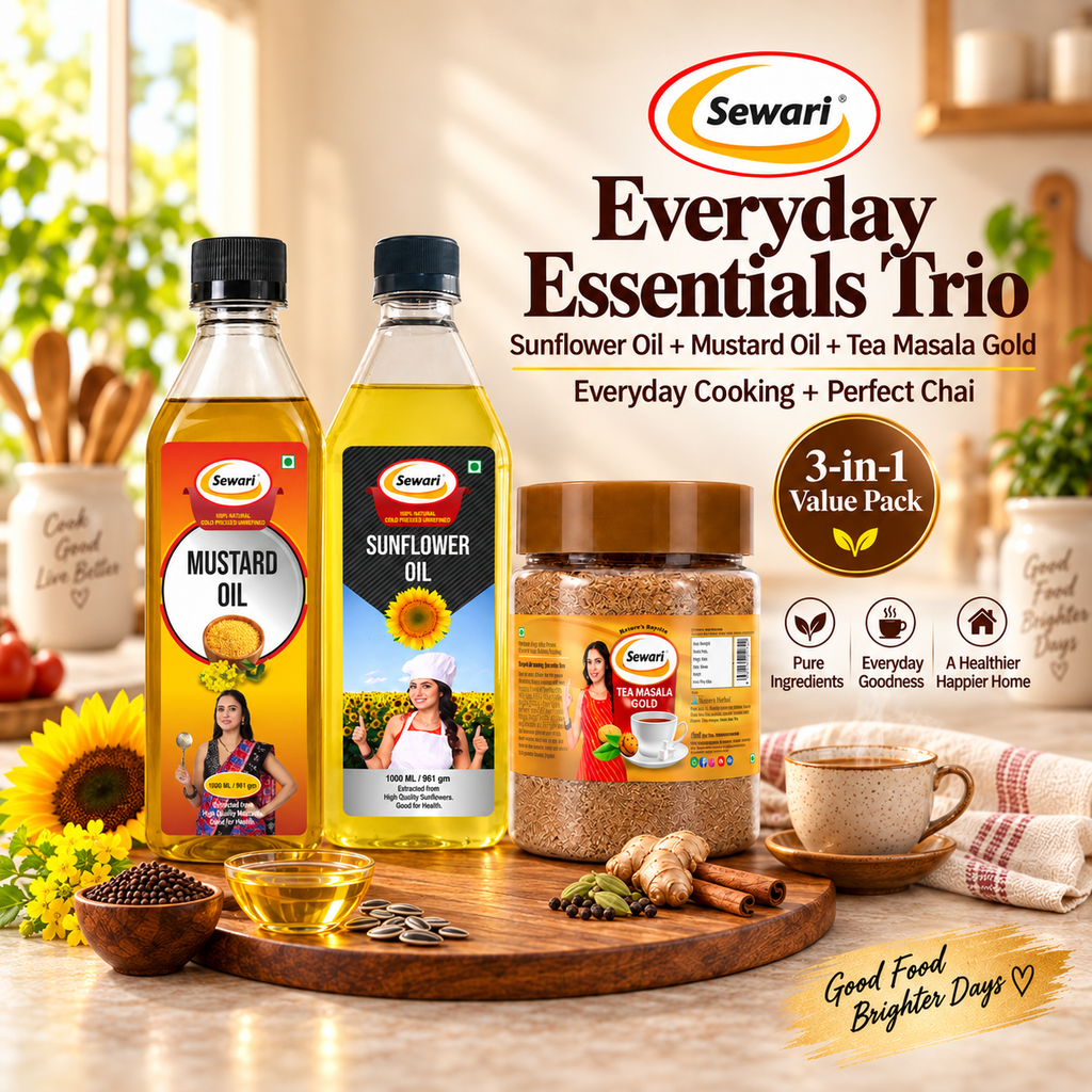 Sewari Everyday Essentials Trio. Cold Pressed Sunflower Oil, Cold Pressed Mustard Oil, Tea Masala Gold