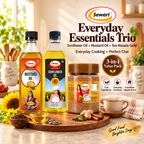 Sewari Everyday Essentials Trio. Cold Pressed Sunflower Oil, Cold Pressed Mustard Oil, Tea Masala Gold