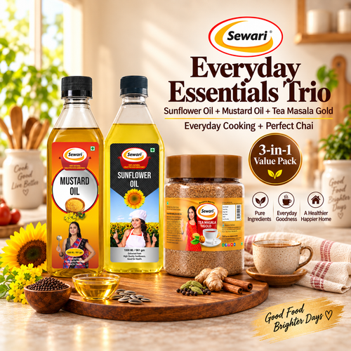 Sewari Everyday Essentials Trio. Cold Pressed Sunflower Oil, Cold Pressed Mustard Oil, Tea Masala Gold