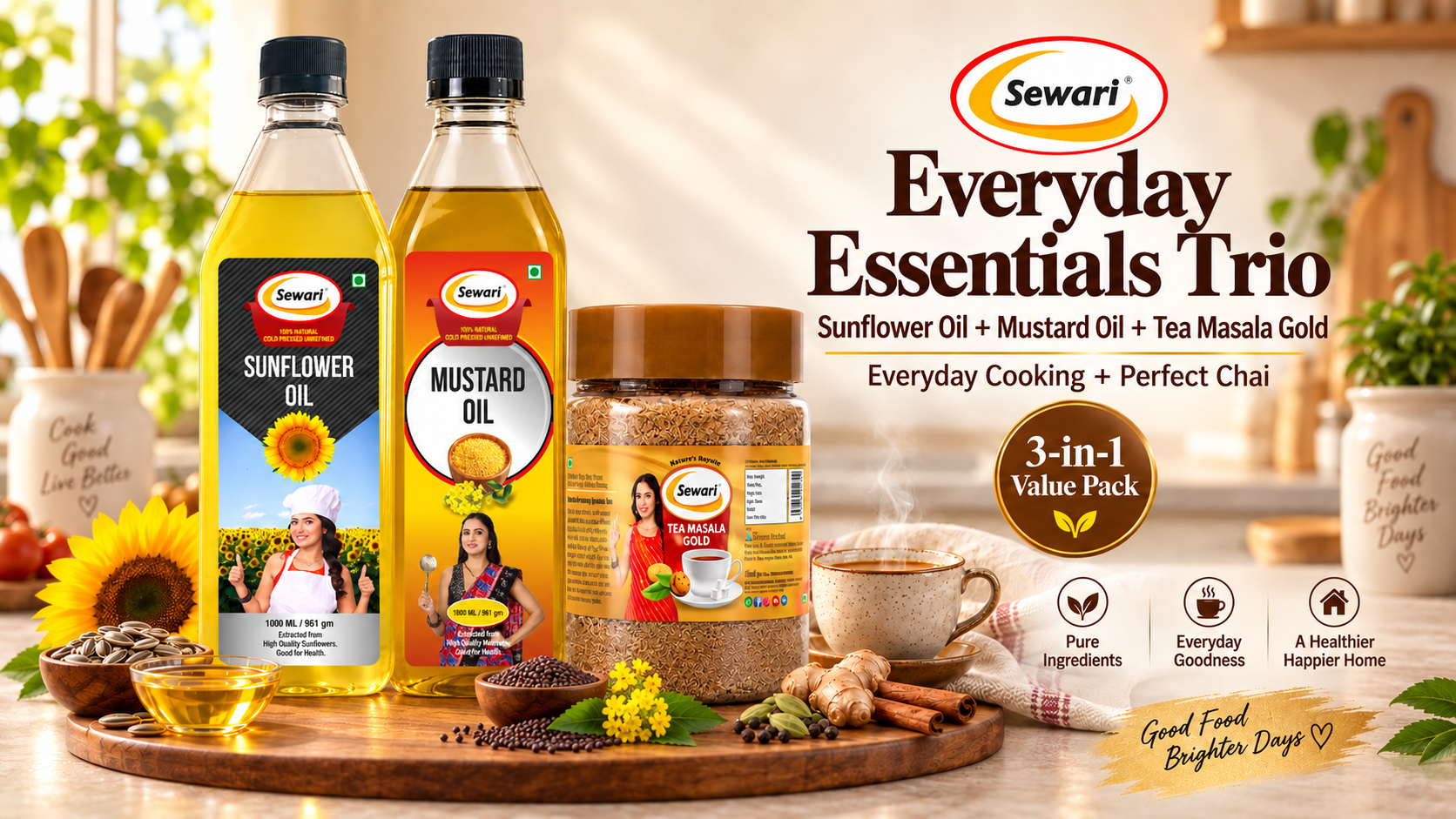 Sewari Everyday Essentials Trio. Cold Pressed Sunflower Oil, Cold Pressed Mustard Oil, Tea Masala Gold