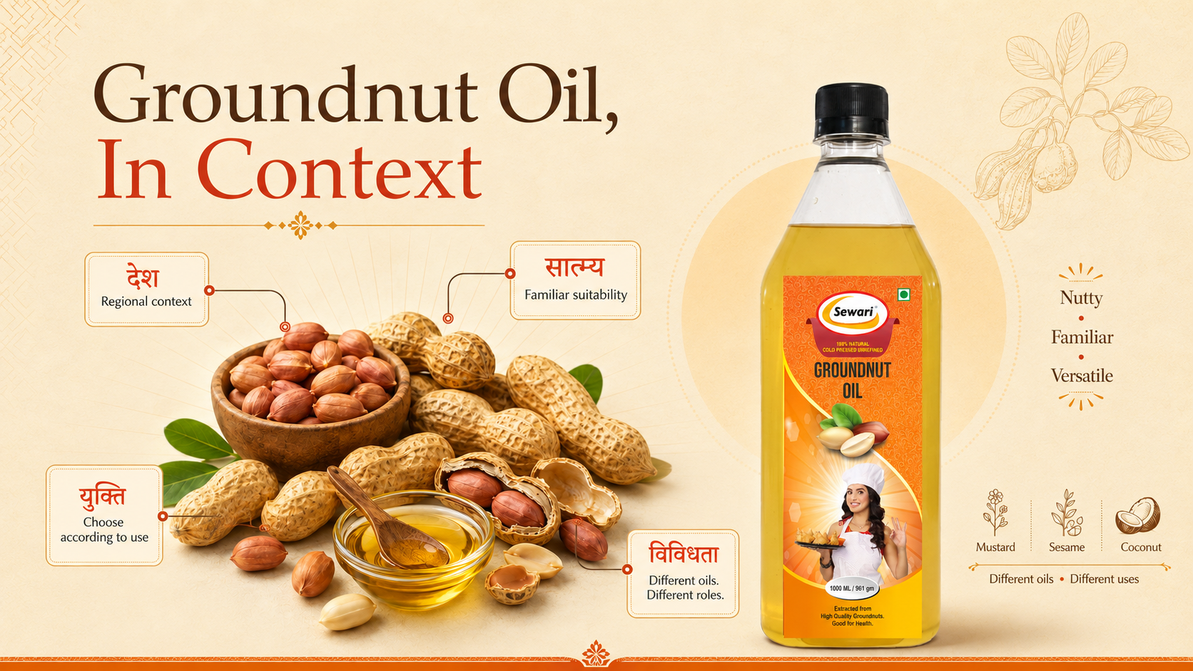 Sewari Cold Pressed Groundnut Oil. Explains the ayurvedic principles behind peanuts