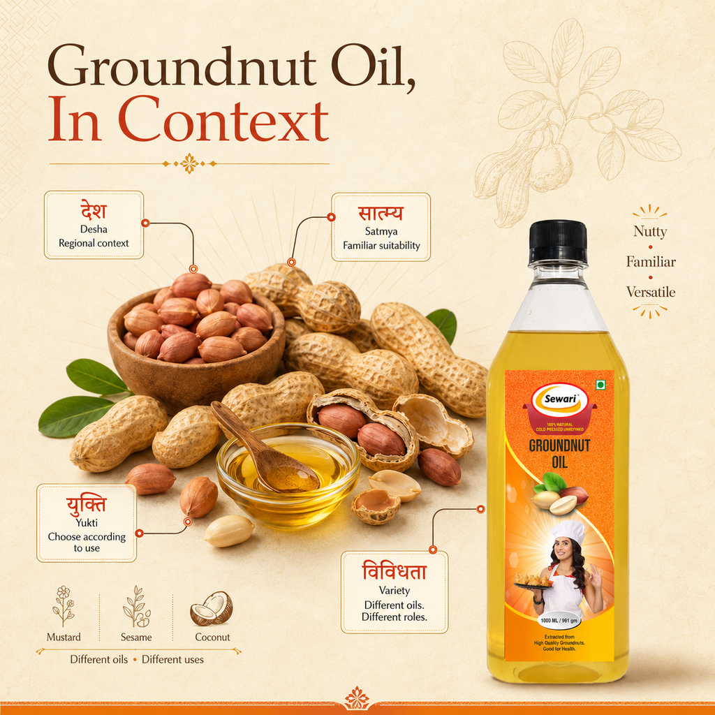 Sewari Cold Pressed Groundnut Oil. Explains the ayurvedic principles behind peanuts