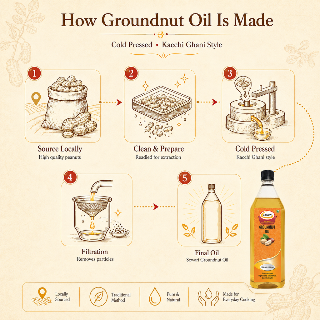 Sewari Cold Pressed Groundnut Oil. Explains the 5 step process of making cold pressed groundnut oil