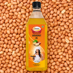 Sewari Cold Pressed Groundnut Oil. Shows peanuts in the background