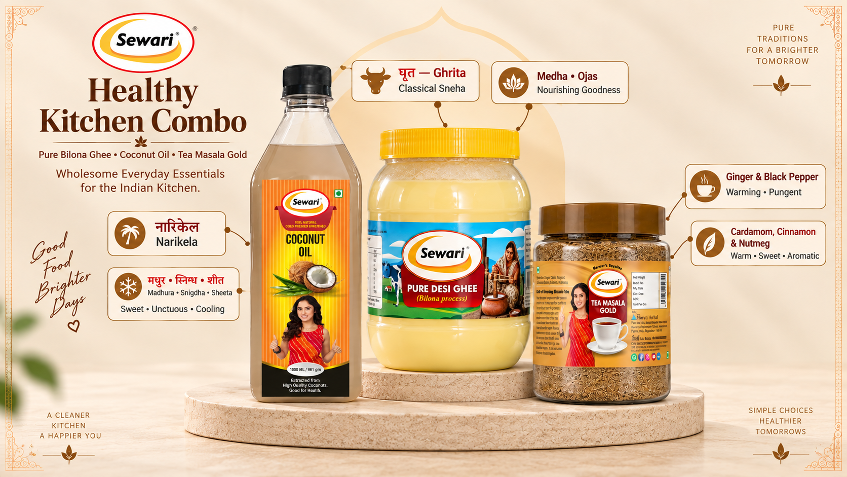 Sewari Healthy Kitchen Combo. Explains the ayurvedic concepts behind Cold Pressed Coconut Oil, Pure Desi Ghee Bilona Process, Tea Masala Gold