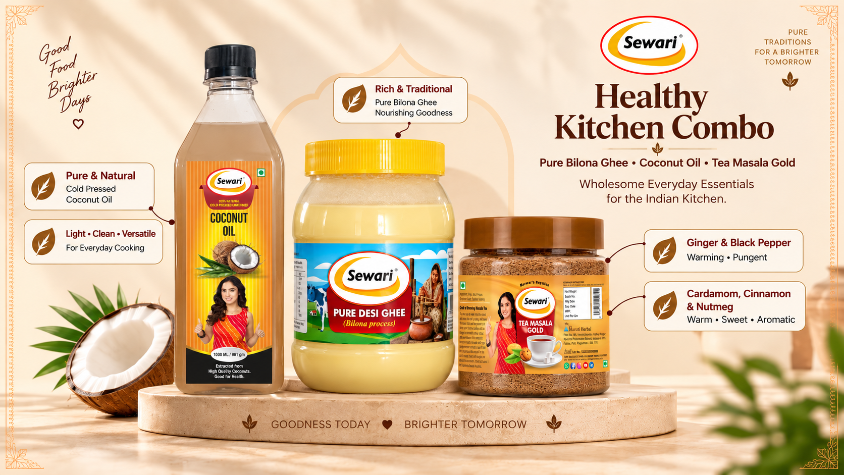 Sewari Healthy Kitchen Combo. Cold Pressed Coconut Oil, Pure Desi Ghee Bilona Process, Tea Masala Gold