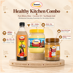 Sewari Healthy Kitchen Combo. Explains the ayurvedic concepts behind Cold Pressed Coconut Oil, Pure Desi Ghee Bilona Process, Tea Masala Gold
