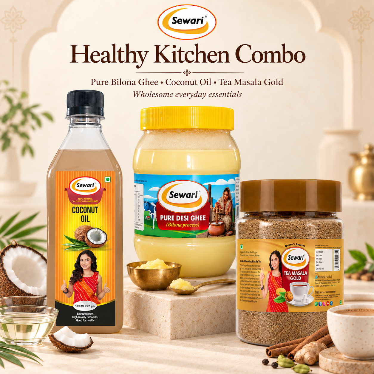 Sewari Healthy Kitchen Combo. Cold Pressed Coconut Oil, Pure Desi Ghee Bilona Process, Tea Masala Gold