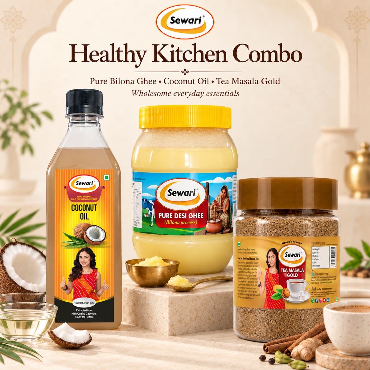 Sewari Healthy Kitchen Combo. Cold Pressed Coconut Oil, Pure Desi Ghee Bilona Process, Tea Masala Gold