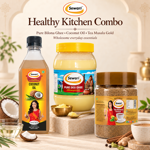 Sewari Healthy Kitchen Combo. Cold Pressed Coconut Oil, Pure Desi Ghee Bilona Process, Tea Masala Gold