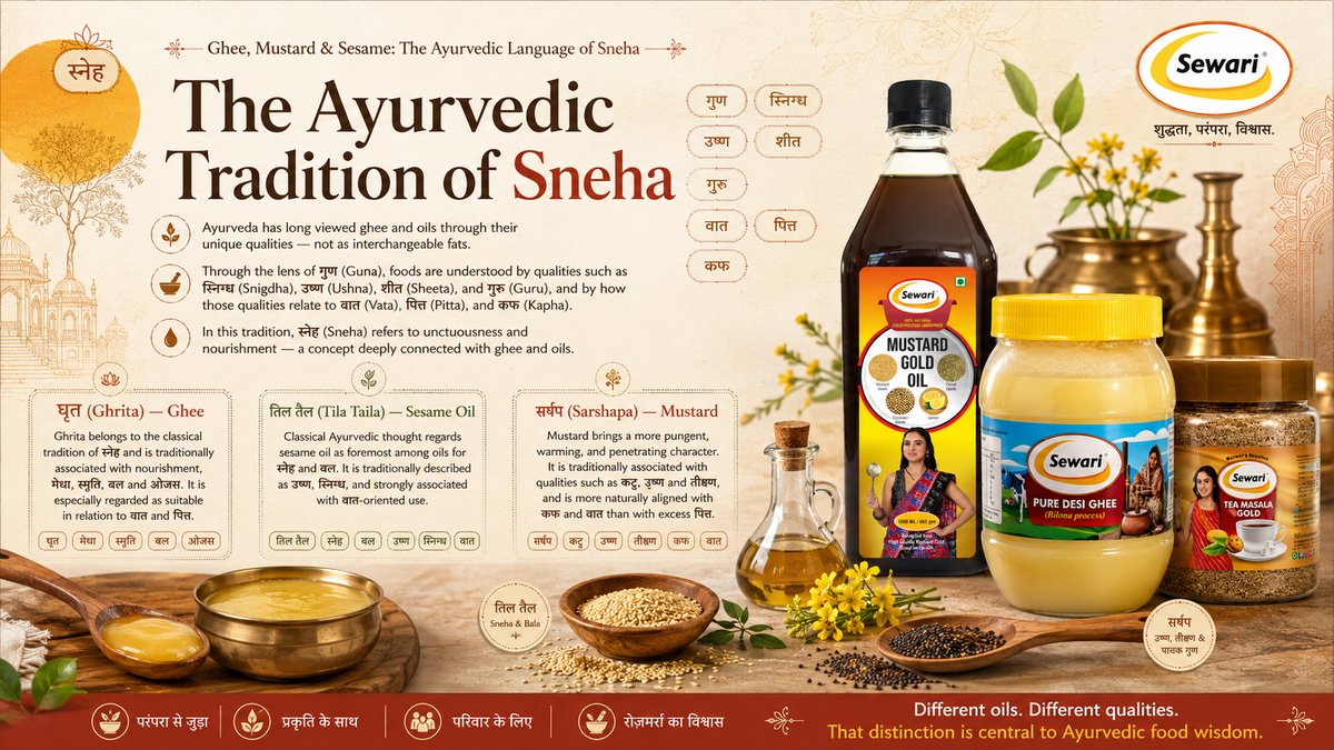 Sewari Tea Masala 200gm jar, Sewari Cold Pressed Pure Desi Ghee Bilona Process 1L bottle, Sewari Mustard Gold Oil 1L bottle. Explains the ayurvedic tradition of Sneha.