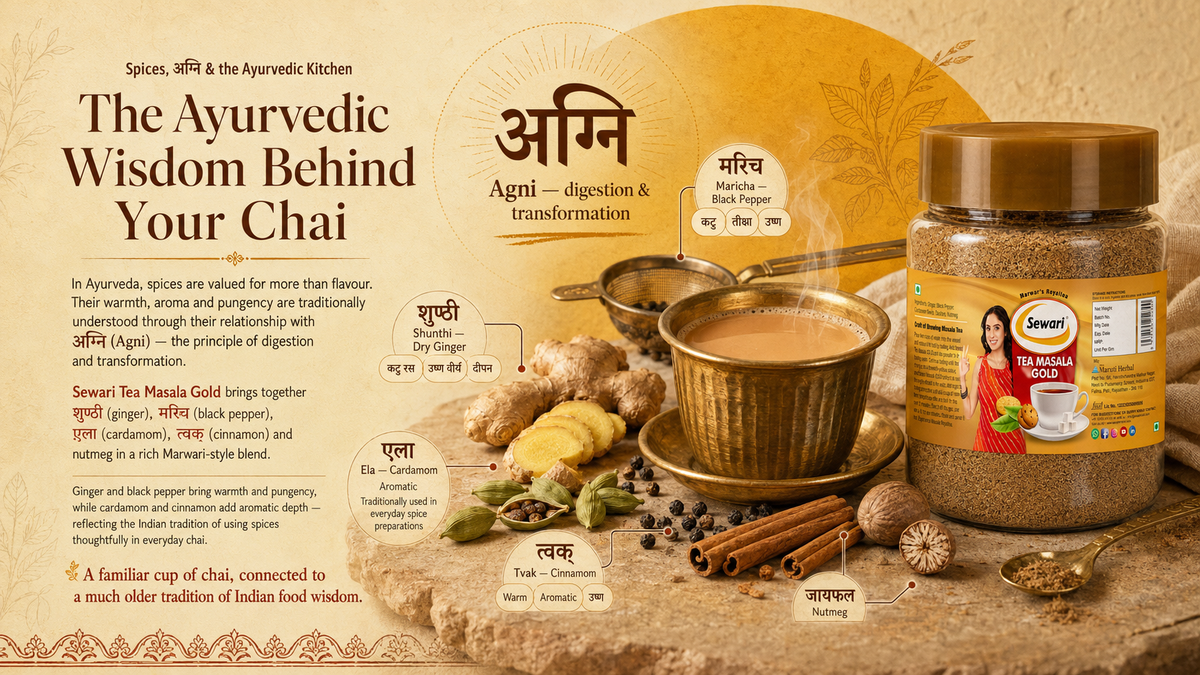 Sewari Tea Masala 200gm jar. Explains the ayurvedic wisdom behind your chai. Spices understood with Agni - the principle of digestion and transformation
