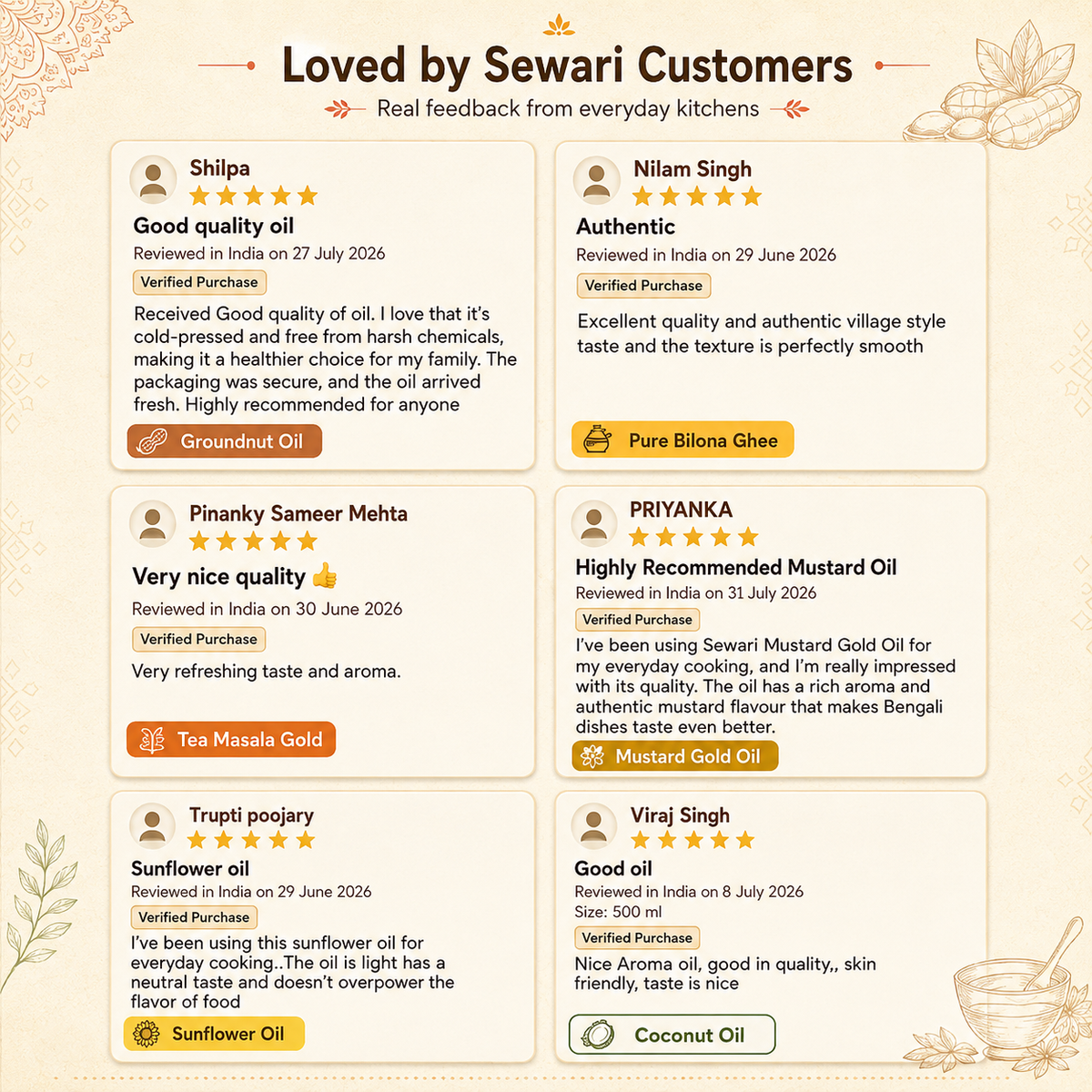 Customer reviews about Sewari oils, pure desi ghee and tea masala gold. The text reads: Good quality oil, Authentic, Very nice quality, Highly Recommended Mustard Oil, Sunflower oil, Good oil