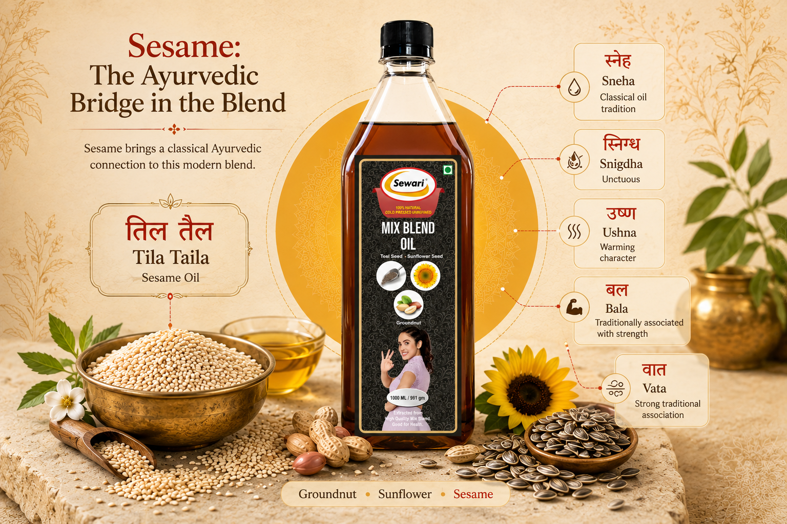 Sewari Cold Pressed Mix Blend Oil. Explains the ayurvedic principles od Sesame