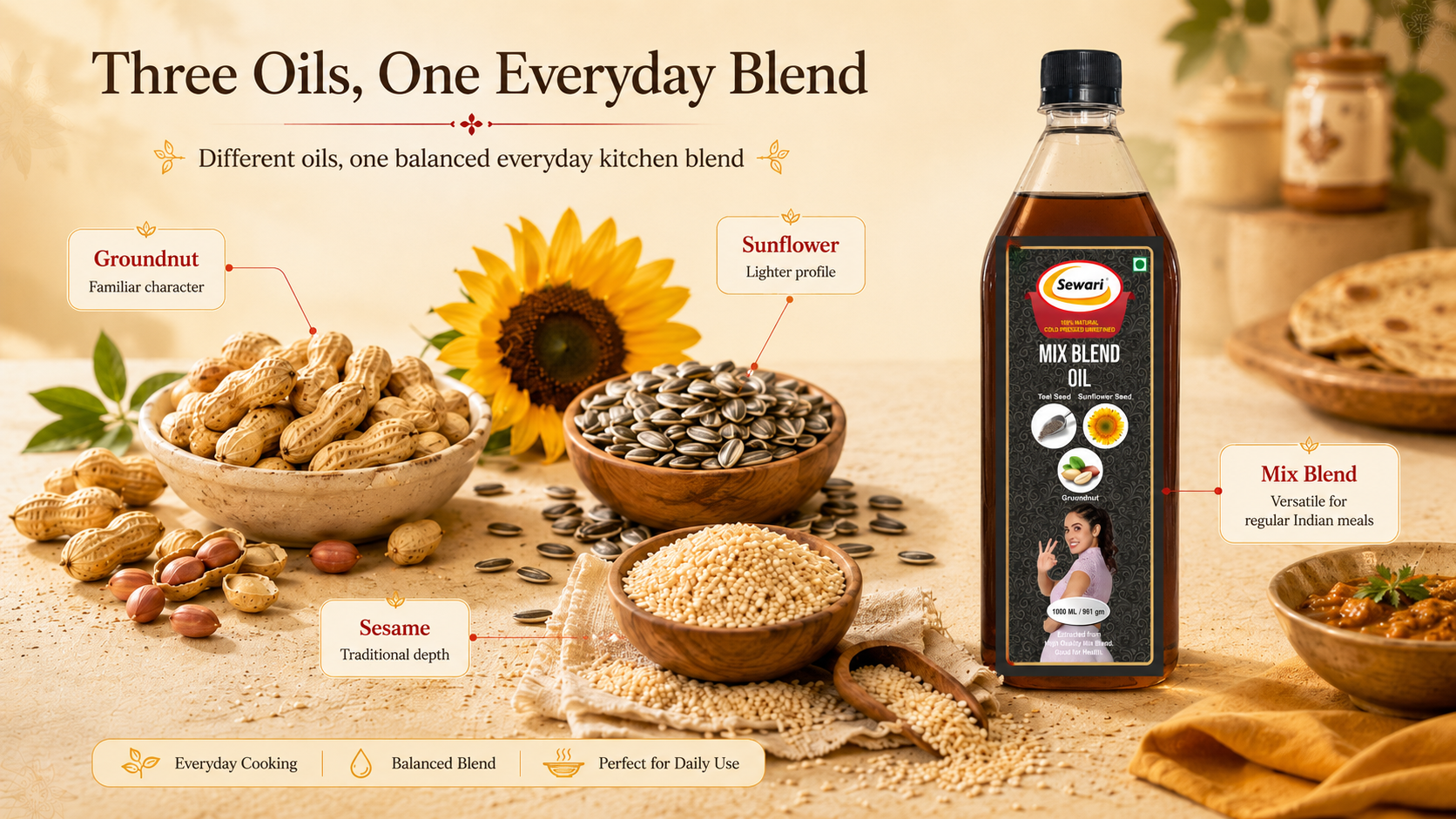 Sewari Cold Pressed Mix Blend Oil. Explains the 3 ingredients with their profile and uses. Sunflower, Groundnut, Sesame