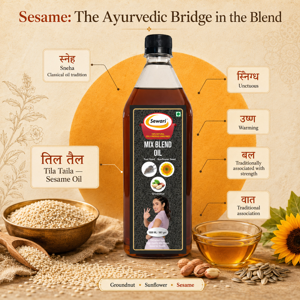 Sewari Cold Pressed Mix Blend Oil. Explains the ayurvedic principles od Sesame