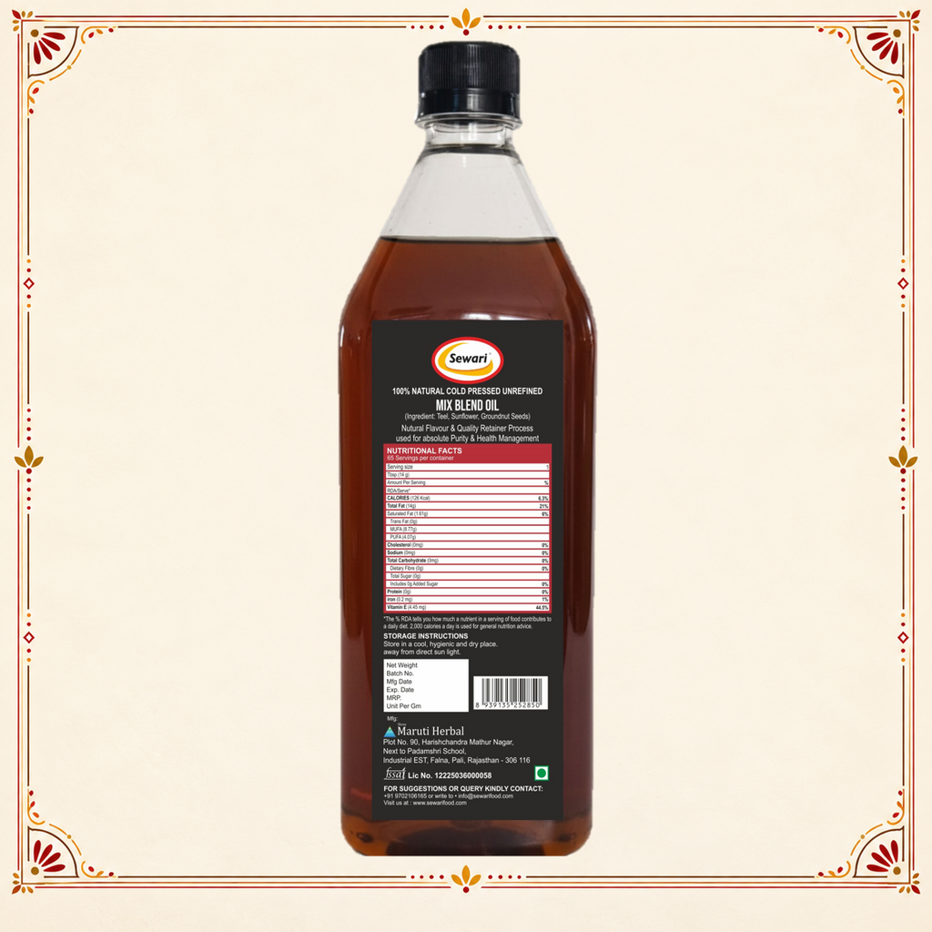 Sewari Cold Pressed Mix Blend Oil. Blended oil made with sunflower, groundnut, sesame