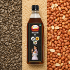 Sewari Cold Pressed Mix Blend Oil. Shows 3 ingredients of blended oil in the background, sunflower, groundnut, sesame