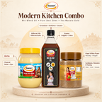 Sewari Modern Kitchen Combo. Explains the ayurvedic concepts behind Cold Pressed Mix Blend Oil, Pure Desi Ghee Bilona Process, Tea Masala Gold