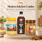 Sewari Modern Kitchen Combo. Cold Pressed Mix Blend Oil, Pure Desi Ghee Bilona Process, Tea Masala Gold