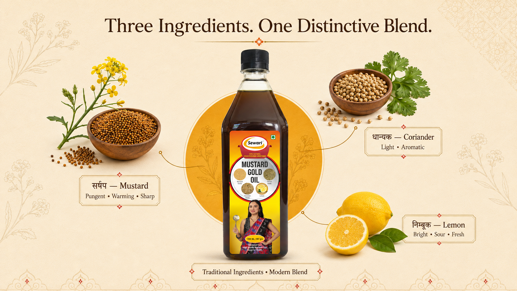 Sewari Cold Pressed Mustard Gold Oil. Explains the flavour profile of 3 ingredients, mustard, coriander, lemon