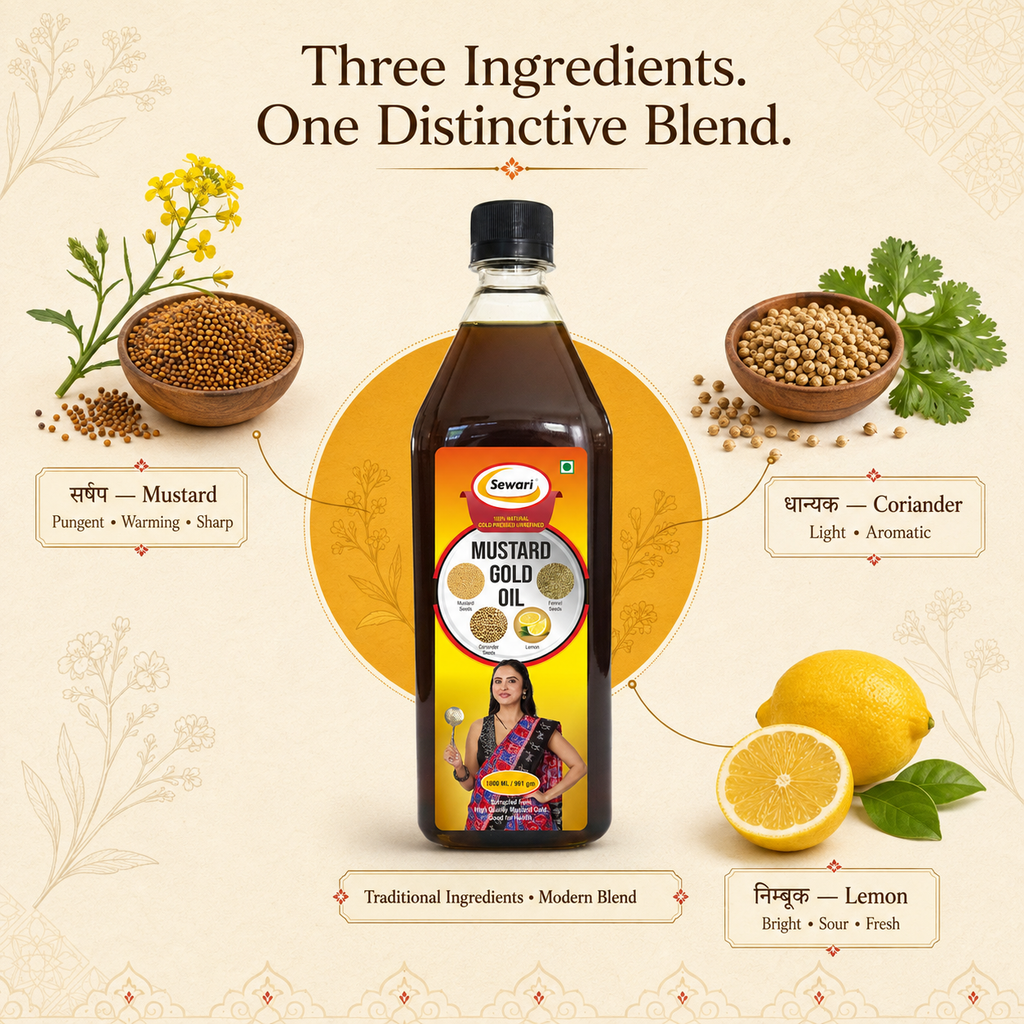 Sewari Cold Pressed Mustard Gold Oil. Explains the flavour profile of 3 ingredients, mustard, coriander, lemon