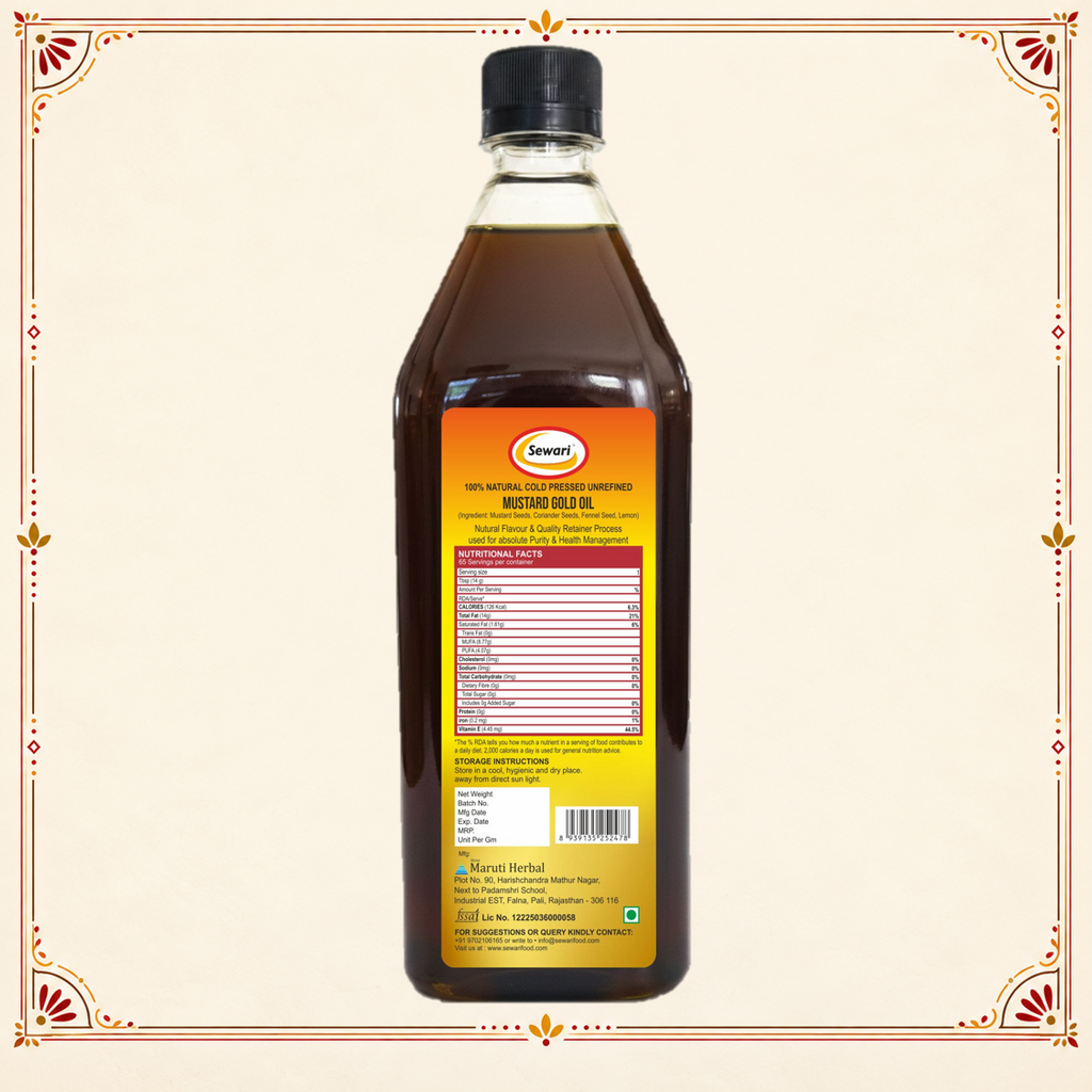 Sewari Cold Pressed Mustard Gold Oil. Shows 3 ingredients of the oil, mustard seeds, coriander seeds and lemon in the background