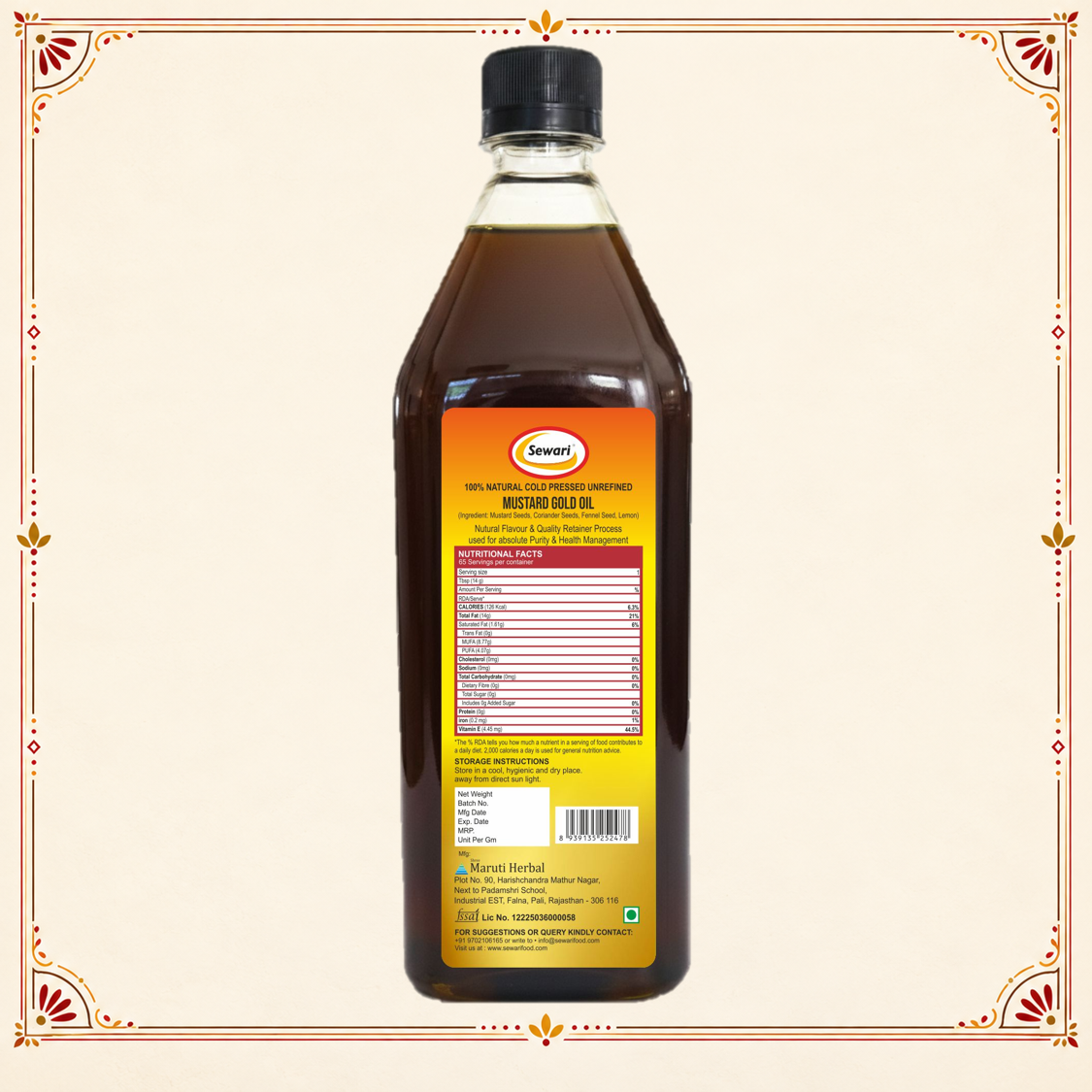 Sewari Cold Pressed Mustard Gold Oil. Shows 3 ingredients of the oil, mustard seeds, coriander seeds and lemon in the background