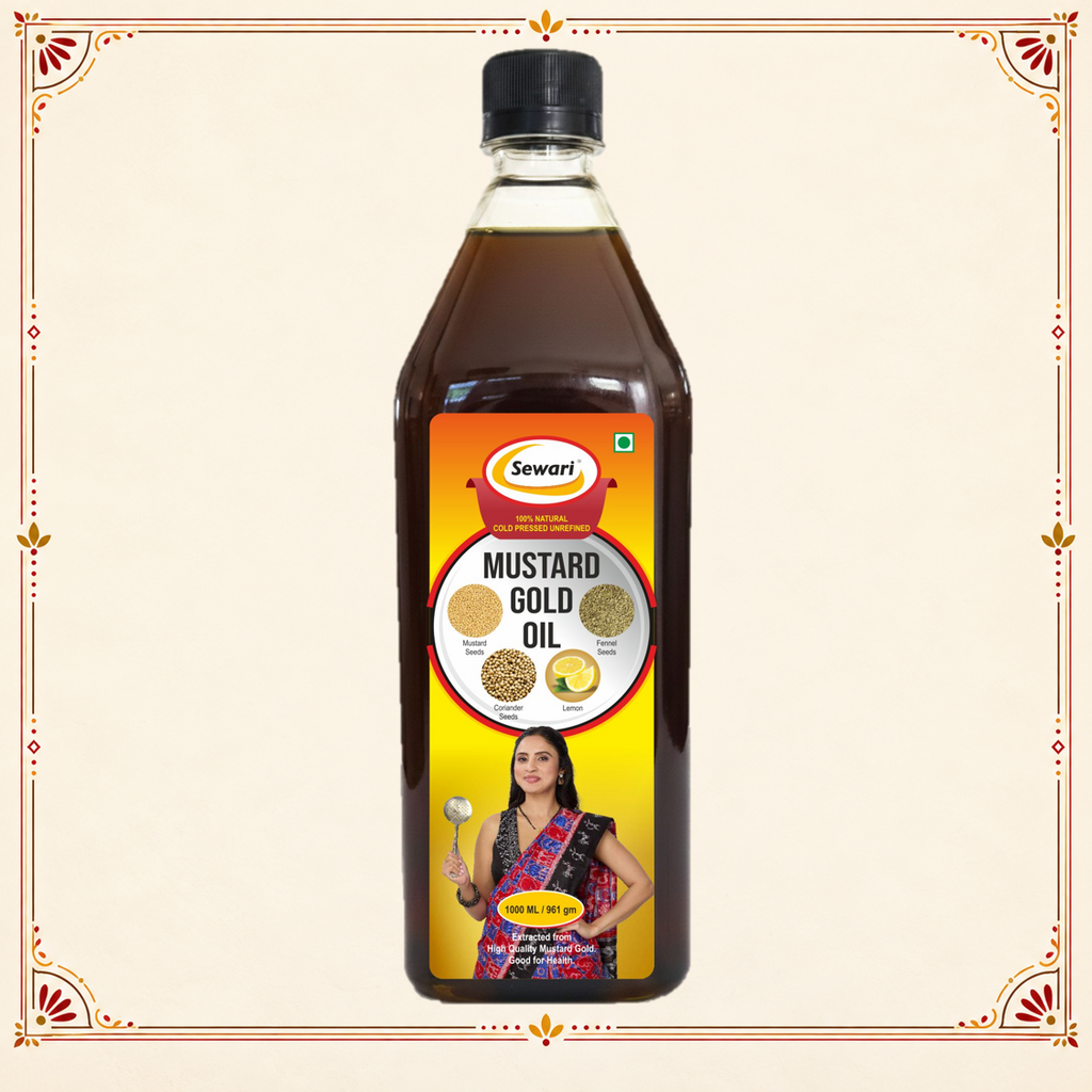 Sewari Cold Pressed Mustard Gold Oil. Made with 3 ingredients, mustard seeds, coriander seeds and lemon