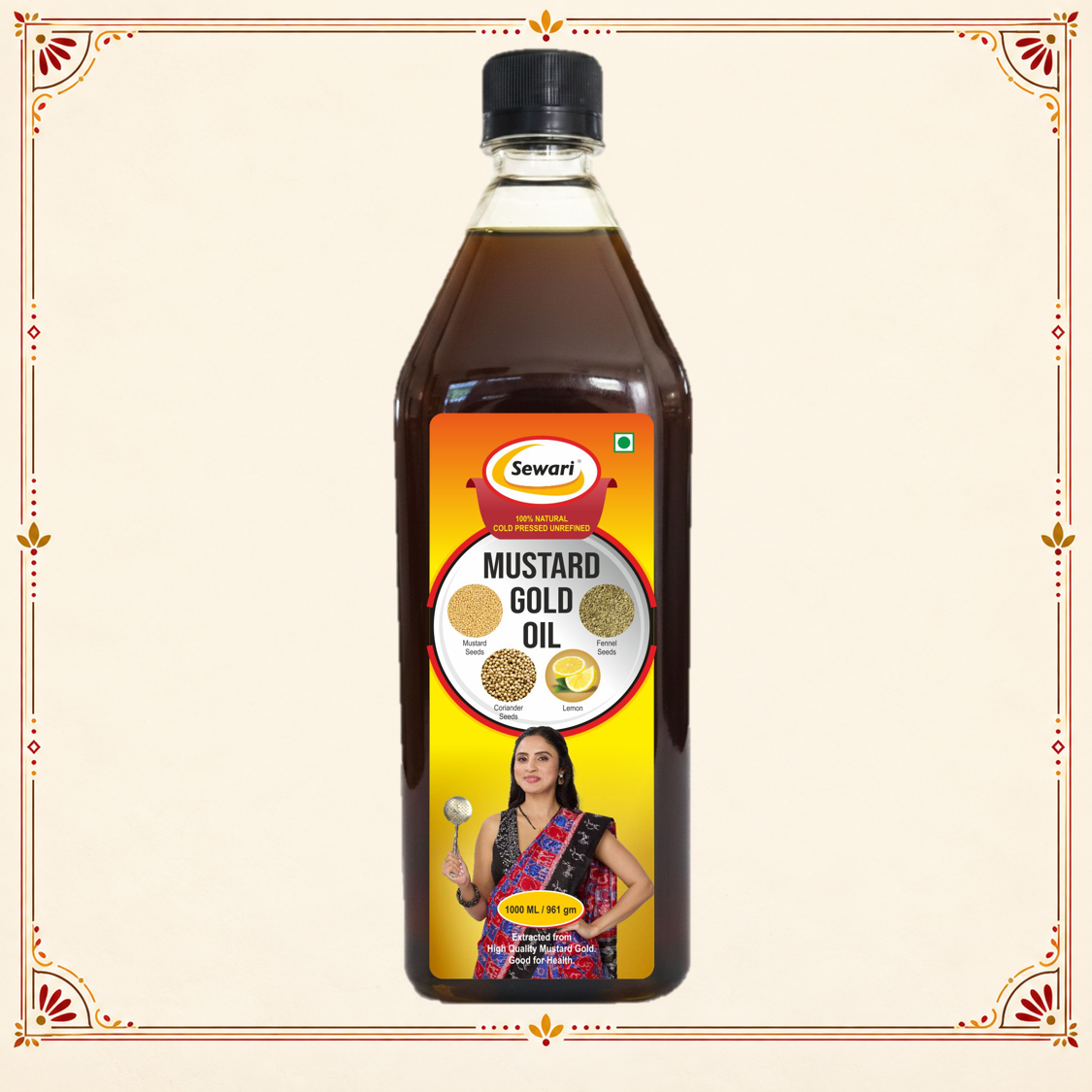 Sewari Cold Pressed Mustard Gold Oil. Made with 3 ingredients, mustard seeds, coriander seeds and lemon