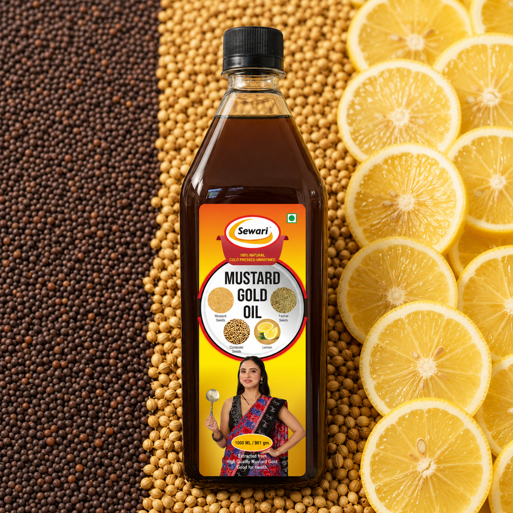 Sewari Cold Pressed Mustard Gold Oil. Shows 3 ingredients of the oil, mustard seeds, coriander seeds and lemon in the background