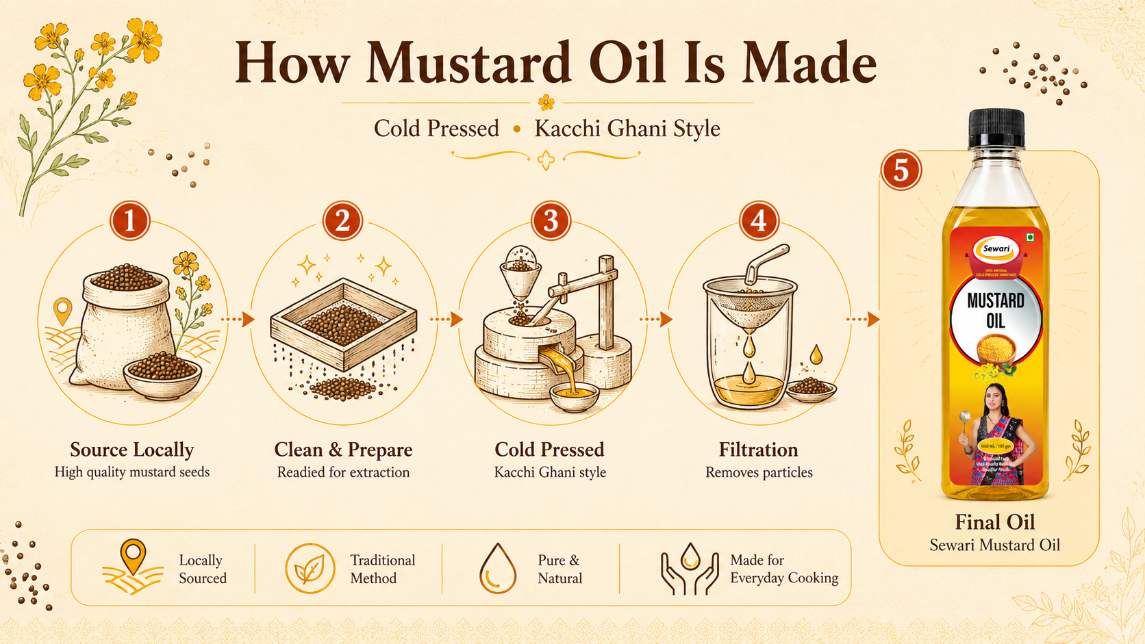 Sewari Cold Pressed Mustard Oil. Explains the cold pressed kacchi ghani oil extraction process