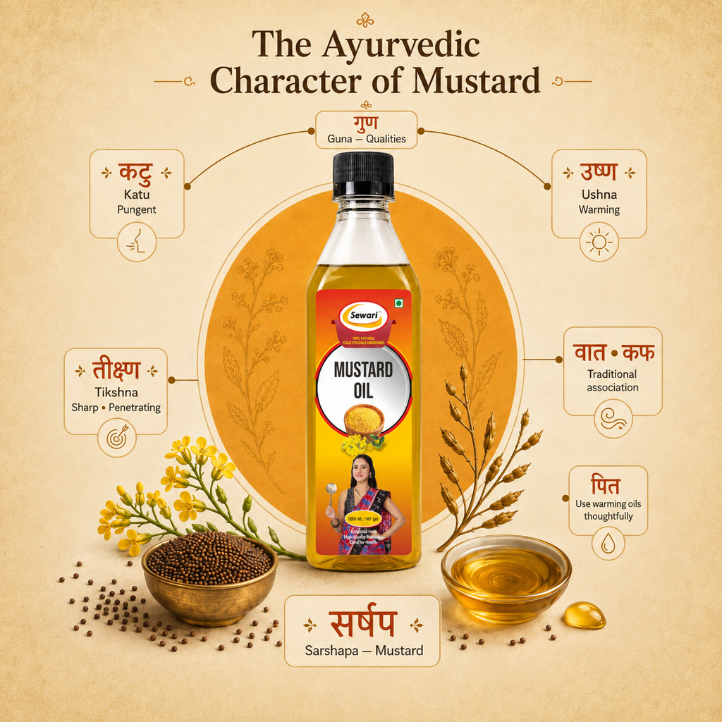 Sewari Cold Pressed Mustard Oil. Explains the ayurvedic principles behind mustard