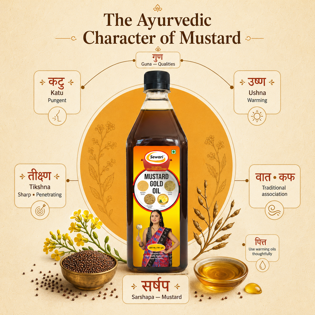 Sewari Cold Pressed Mustard Gold Oil. Explains the ayurvedic principles of mustard