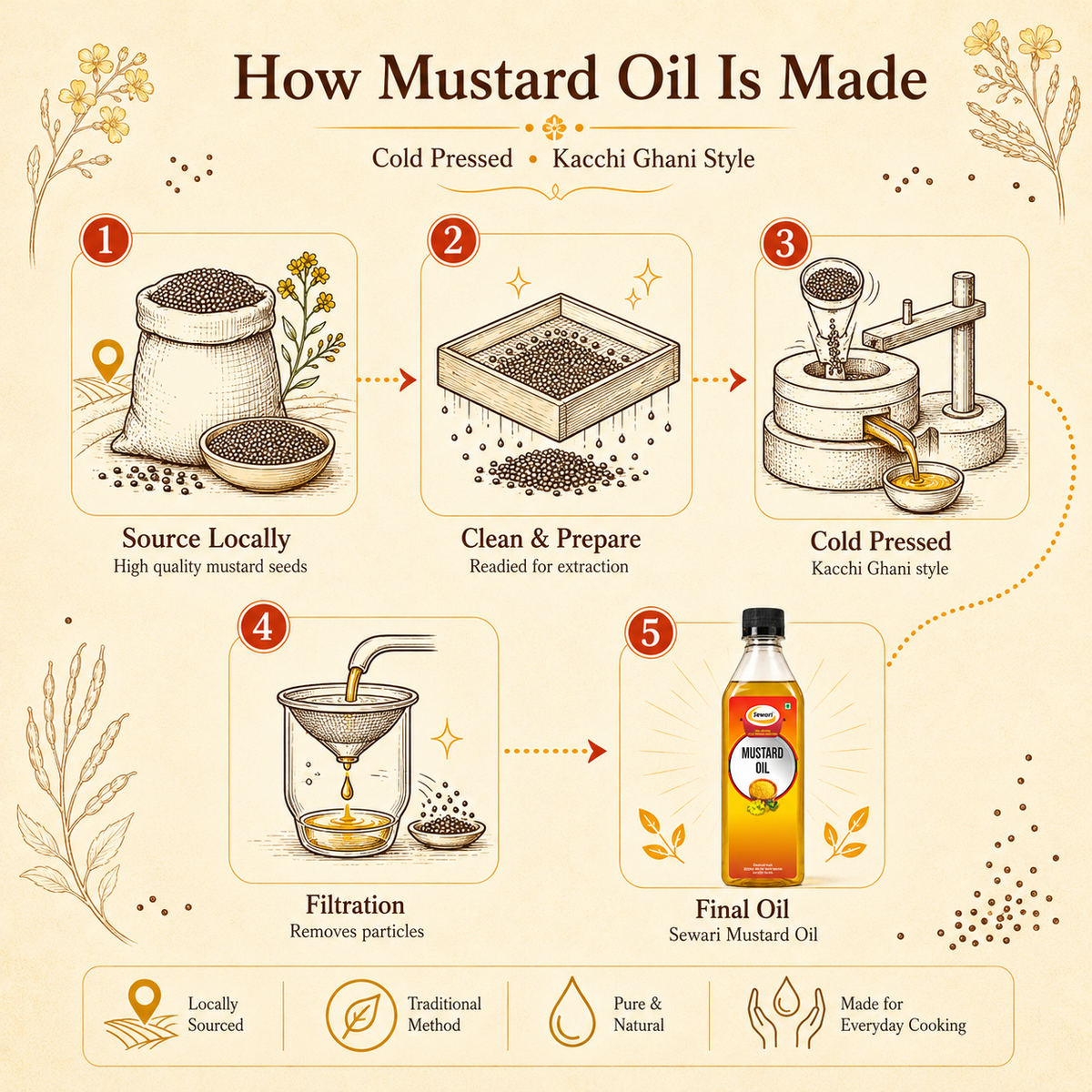 Sewari Cold Pressed Mustard Oil. Explains the cold pressed kacchi ghani oil extraction process