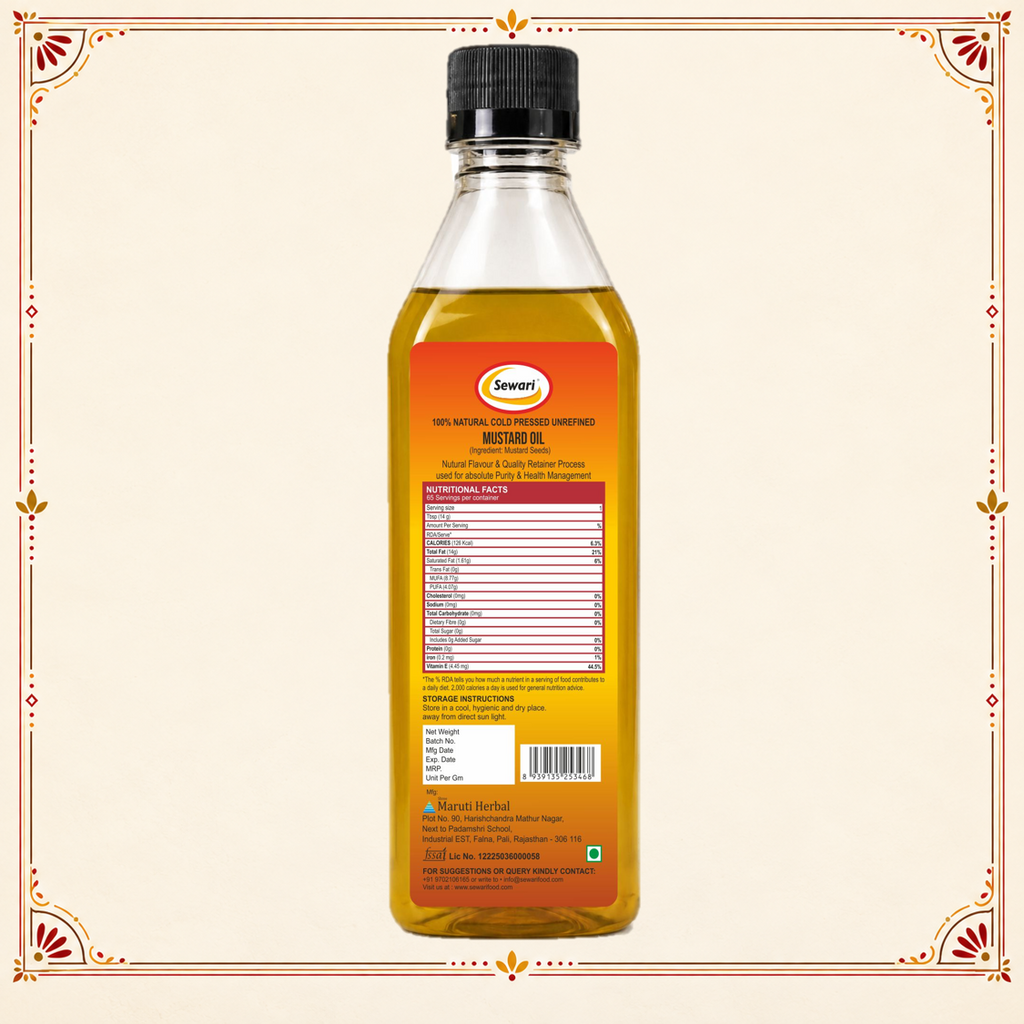 Sewari Cold Pressed Mustard Oil. Shows mustard seeds in the background