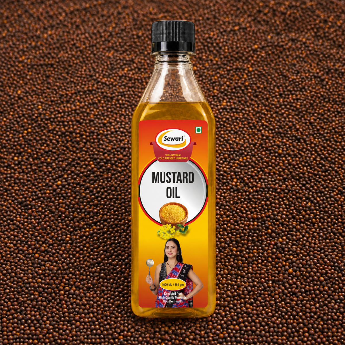 Sewari Cold Pressed Mustard Oil. Shows mustard seeds in the background
