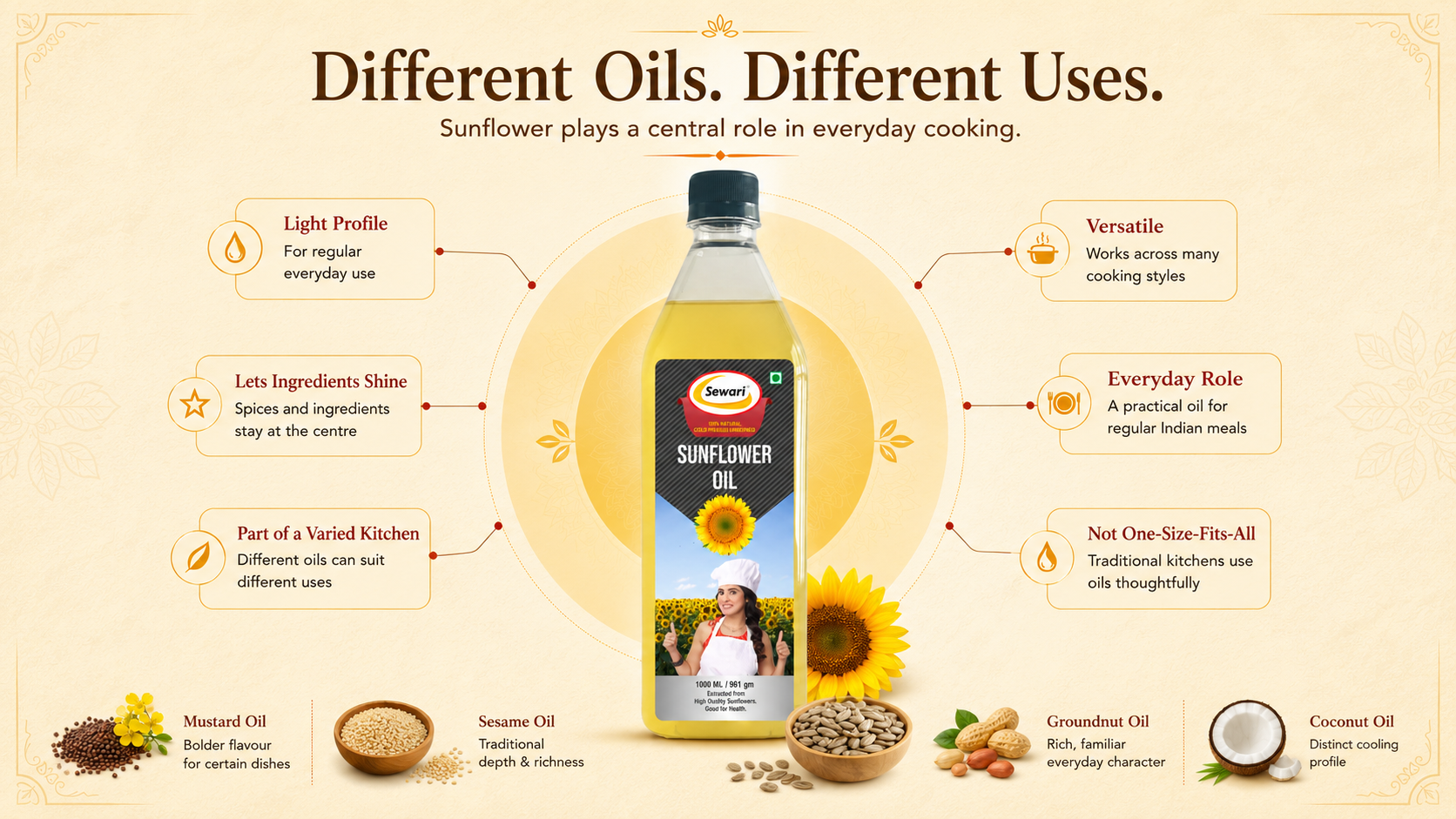 Sewari Cold Pressed Sunflower Oil. Explains the profile and uses of sunflower oil