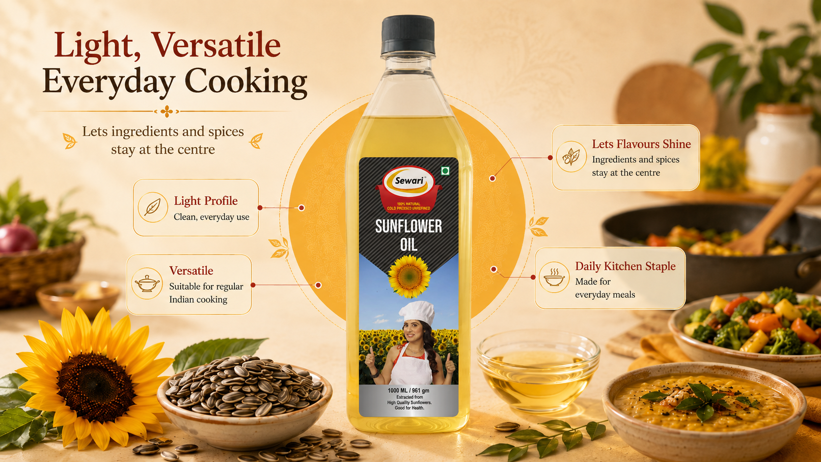 Sewari Cold Pressed Sunflower Oil. Explains the profile and uses of sunflower oil