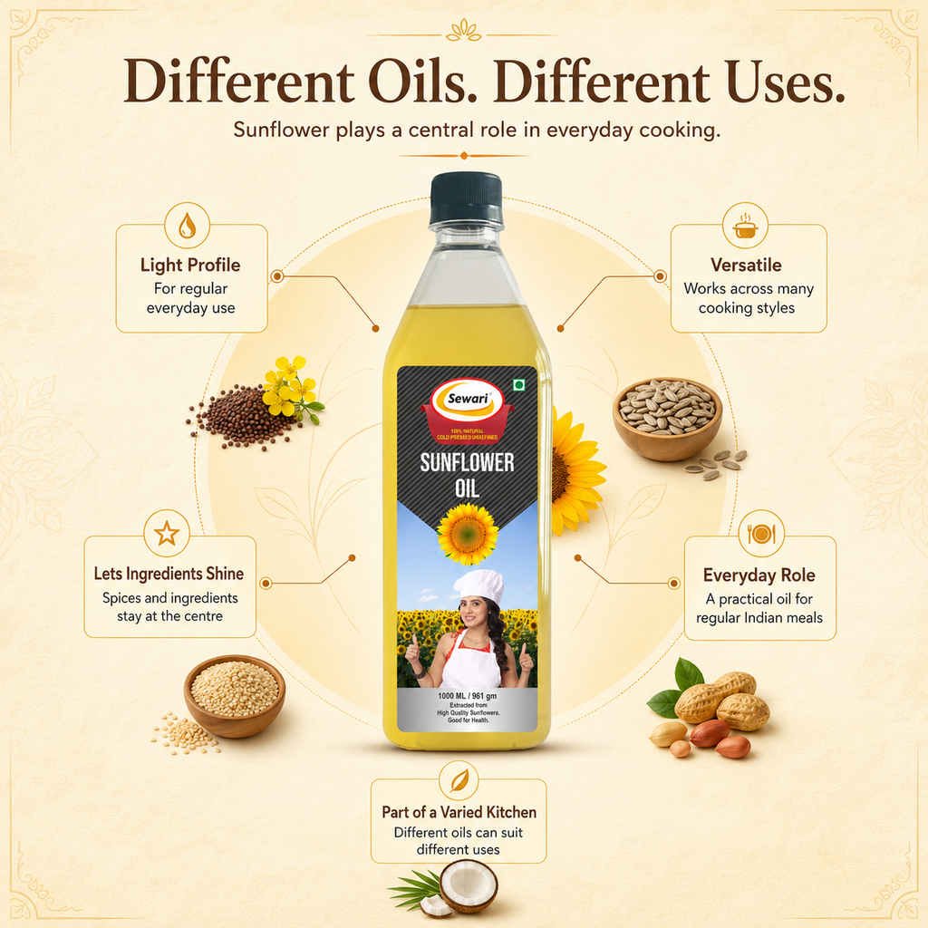 Sewari Cold Pressed Sunflower Oil. Explains the uses and profile of sunflower oil